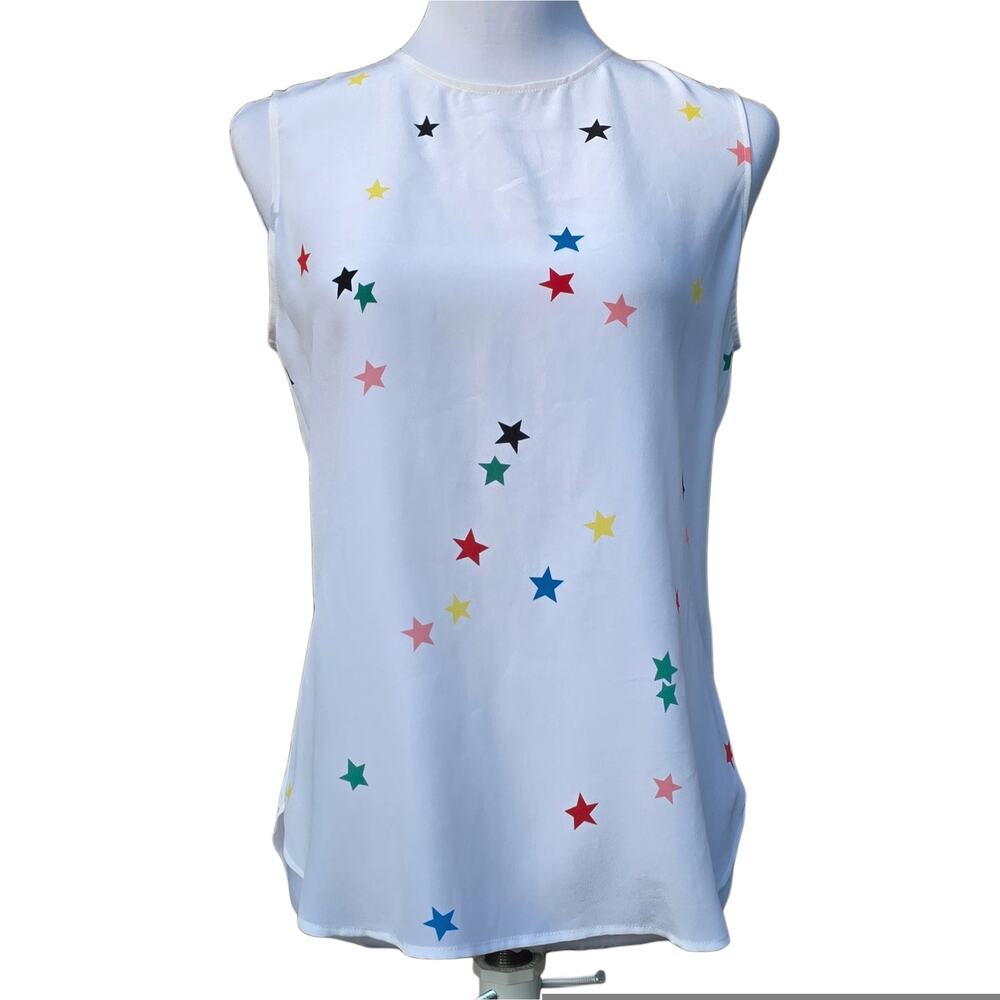 Equipment Lyle Top Size S Silk Shirt White Sleeveless Blouse Rainbow Star Print